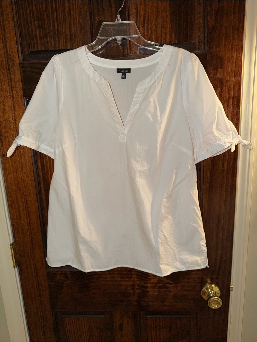 Talbots White Cotton V-Neck Tie Sleeve Blouse